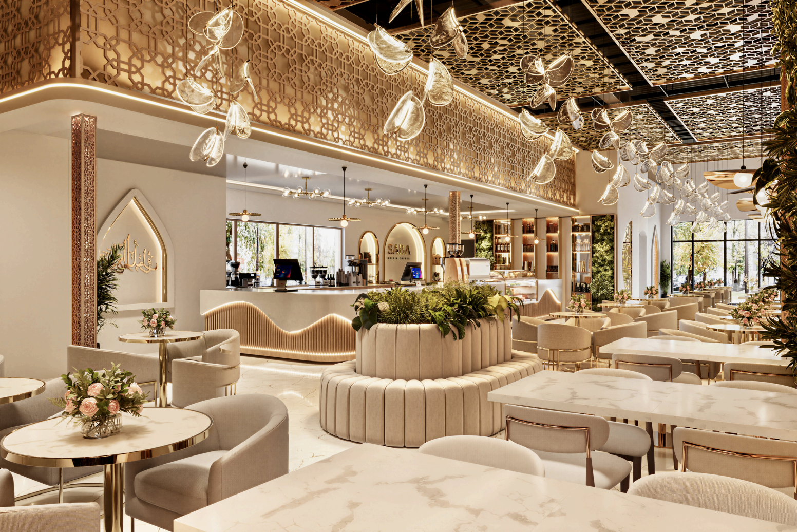 Saba Origin Coffee main hall with gold geometric ceiling screens, cascading glass-leaf pendants, and the illuminated Saba counter arch