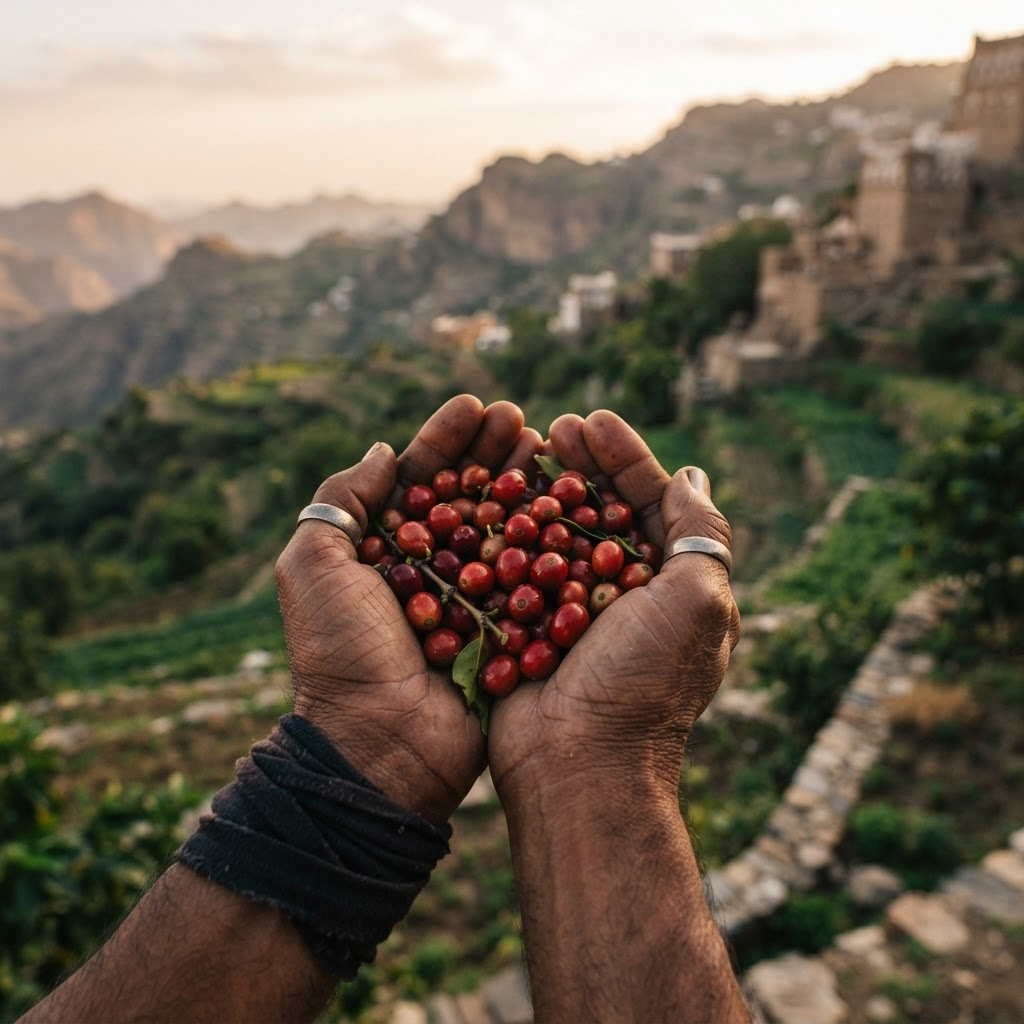 Hands holding fresh coffee cherries with terraced Yemeni mountains behind